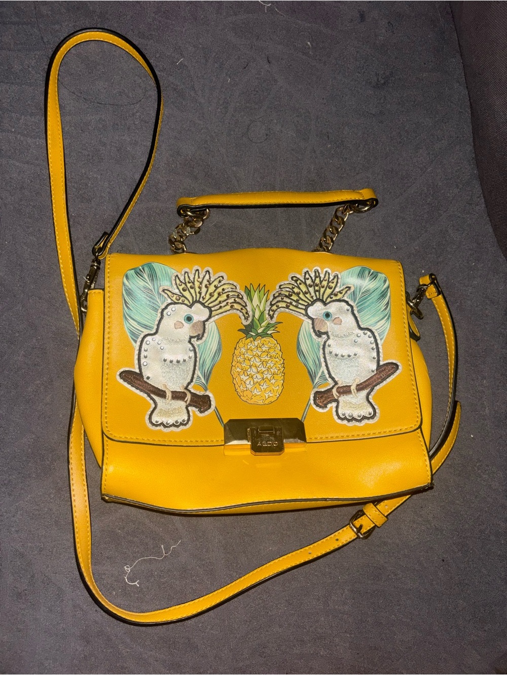Aldo Yellow Crossbody Bag with Cockatoo & Pineapple Motif